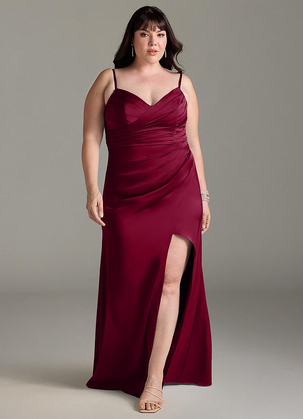 Azazie Yola Bridesmaid Dresses Burgundy Sheath V-Neck Pleated Stretch Satin Convertible Dress image1