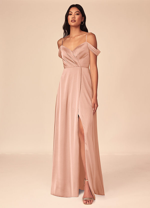 Azazie Ocean Bridesmaid Dresses Rose Gold A-Line V-Neck Pleated Stretch Satin Dress image1