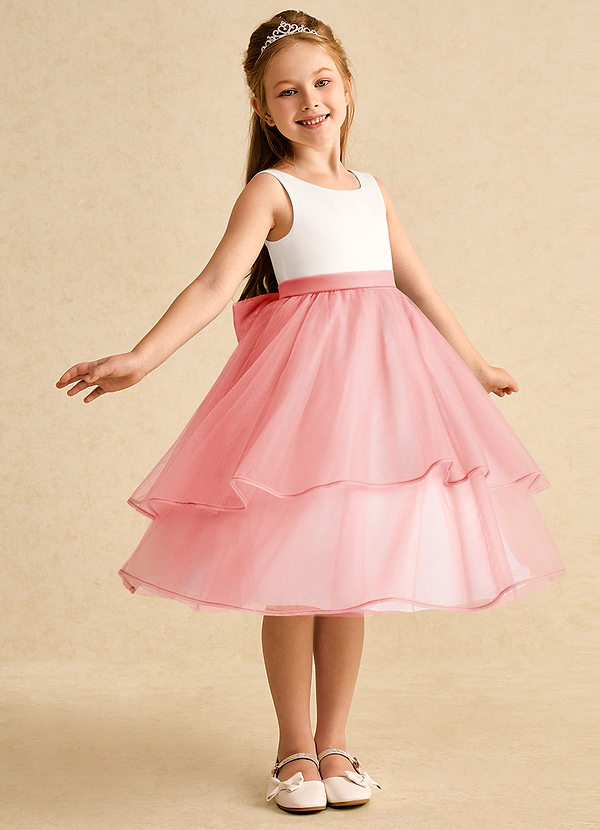 Azazie Rene Flower Girl Dresses Ivory Coral A-Line Bow Tulle Dress image1