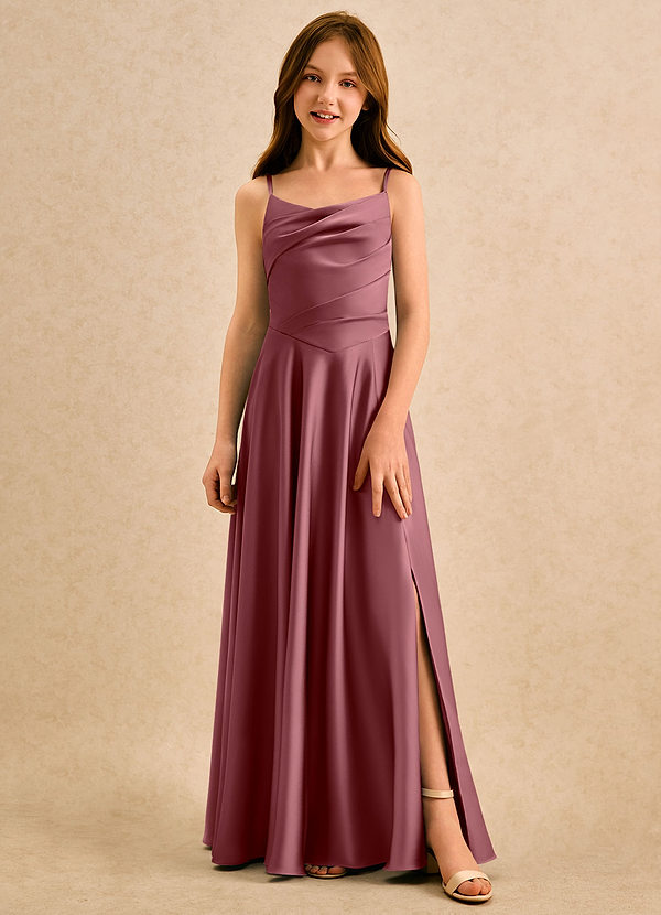 Azazie Coconut Girls Formal Sukienki dla dziewczynek sypiących kwiaty Linia A Pofałdowany Satyna elastyczna Długość podłogi Sukienka image1