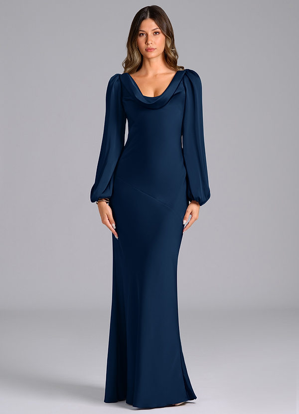 Azazie Rylina Bridesmaid Dresses Dark Navy Mermaid Long Sleeve Stretch Satin Dress image1