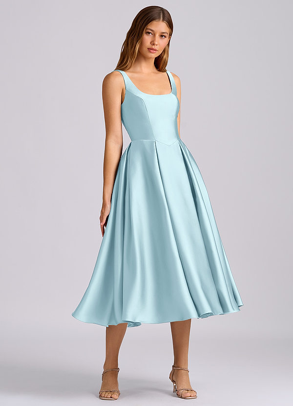 Azazie Amalie Bridesmaid Dresses Cloud Blue A-Line Pleated Stretch Satin Dress image1