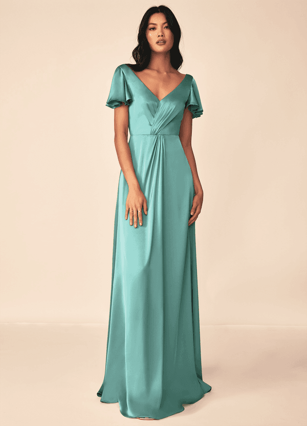 Azazie Soren Bridesmaid Dresses Aqua A-Line Pleated Stretch Satin Dress image1