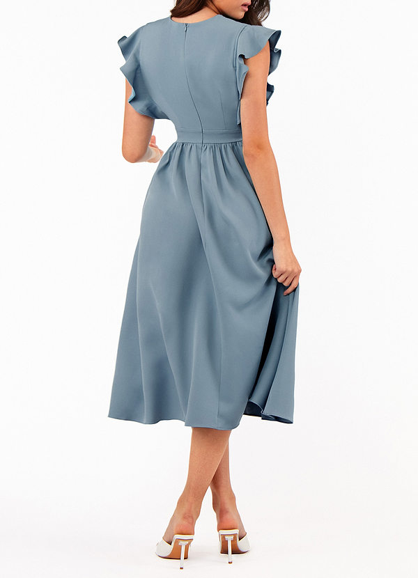 back Robe Bleu Poudré Longueur Midi en Satin à Manches Flottantes