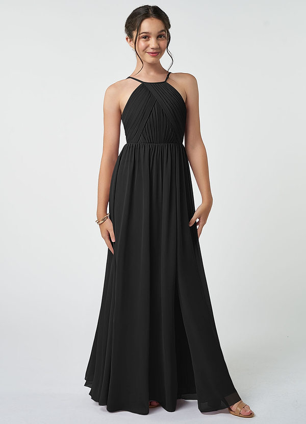 Azazie Leighton Junior Black A-Line Pleated Chiffon Dress image1