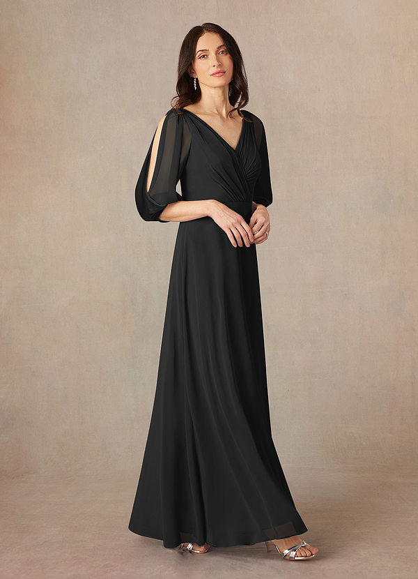 Azazie Bronwyn Mother of the Brides Dresses Black A-Line V-Neck Ruched Chiffon Dress image1