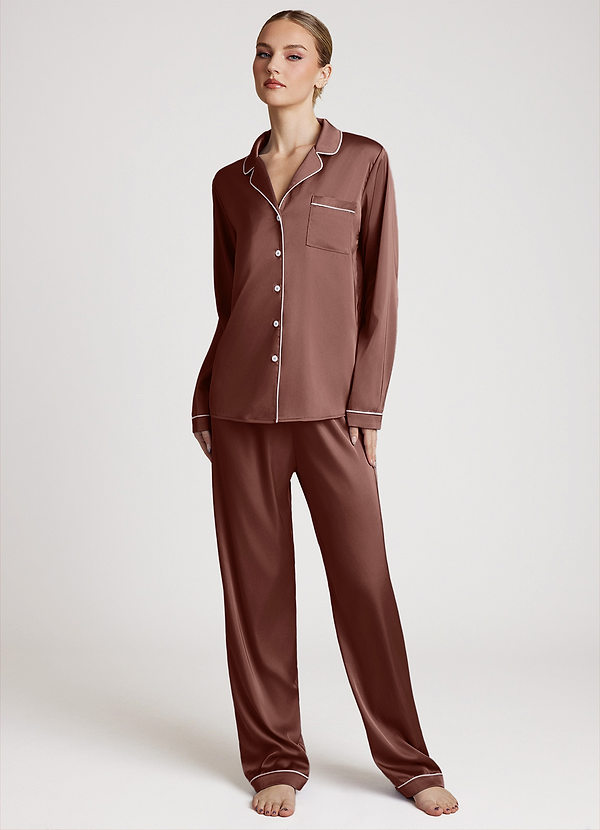 front Espresso Long Sleeves and Pants Satin PJ Set