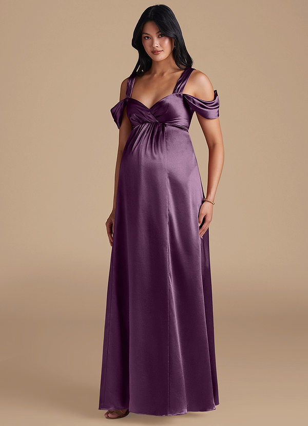 Azazie Rhea Maternity Bridesmaid Dresses A-Line Pleated Metallic Satin Floor-Length Dress image1