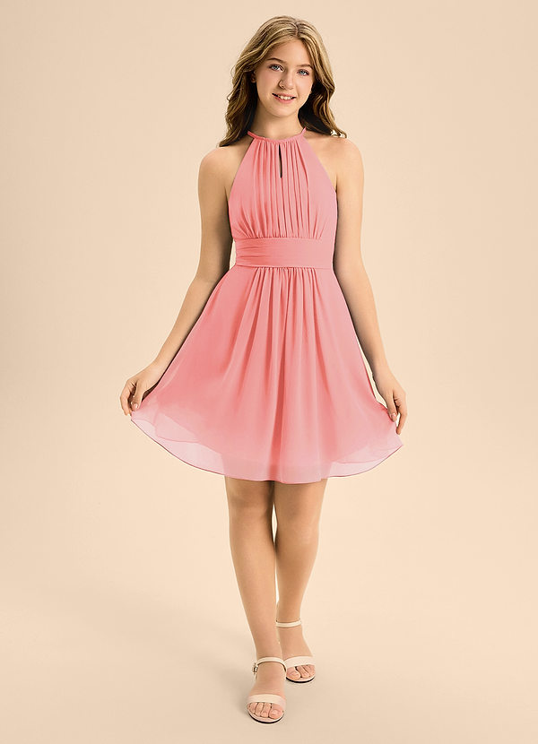 Azazie Bonnie Junior Coral A-Line Pleated Chiffon Dress image1