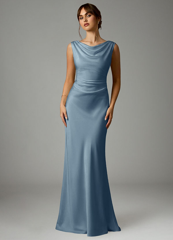 Azazie Kieryn Robes Demoiselle d'honneur Robe Sirène en Satin extensible Plissée Bleu Poussiéreux image1