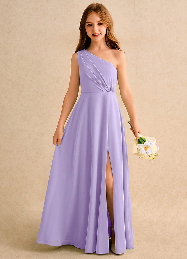 Azazie Puddles Girls Formal Robes de Fillette d'Honneur Robe Trapèze en Mousseline de soie Une épaule Lilas image1