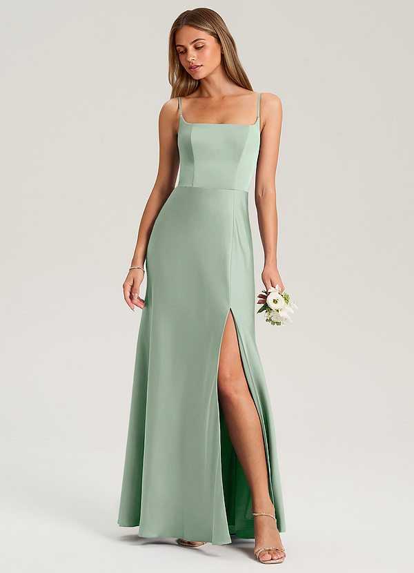 Azazie Lidia Bridesmaid Dresses Agave Mermaid Side Slit Stretch Satin Dress image1