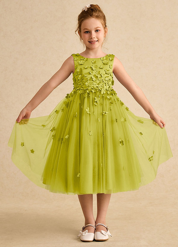 Azazie Lana Blumenkinder Kleider A-Linie ärmellos Matte Satin Kleid Zitronengras image1
