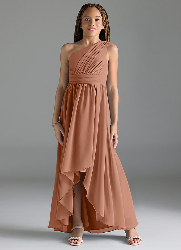 Azazie Mathilda Junior Robe Trapèze en Mousseline de soie Plissée Bronze image1