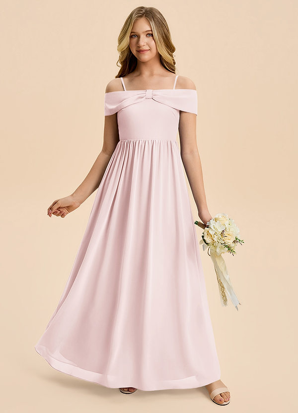 Azazie Coran Junior Blushing Pink A-Line Off the Shoulder Chiffon Dress image1