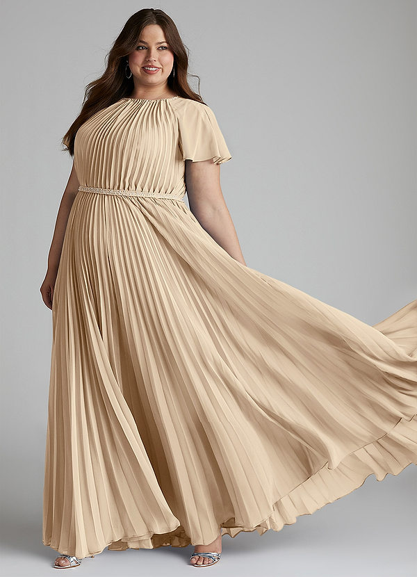 Azazie Kara Modest Bridesmaid Dresses A-Line Pleated Chiffon Floor-Length Dress image1