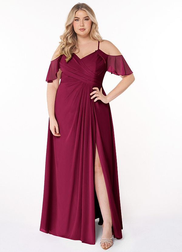 Azazie Dakota Brautjungfernkleider A-Linie V-Hals Gefaltet Chiffon Kleid Burgunderrot image1