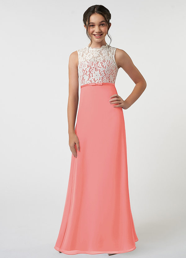 Azazie Rana Junior Coral A-Line Lace Chiffon Dress image1