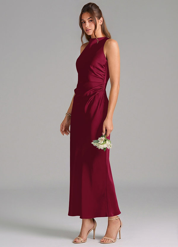Azazie Evadne Vestidos Dama de Honor Vestido de Borgoña de Satén Elástico de Corte Recto con Plisado image1