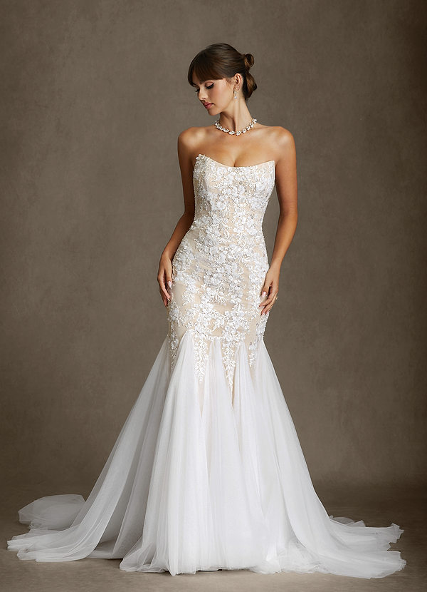 Azazie Harmony Wedding Dresses Diamond White Champagne Mermaid Strapless Tulle Dress image1