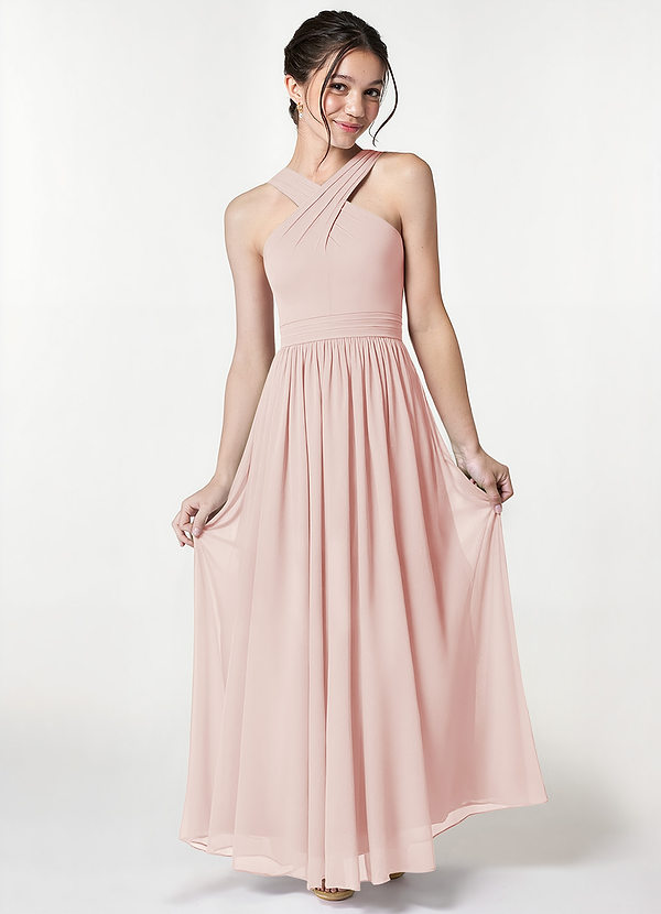 Azazie Jiya Junior Vestido de Pétalo De Rosa de Malla de Corte En A con Plisado image1