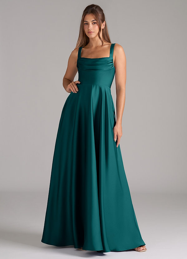 Azazie Shaude Bridesmaid Dresses Peacock A-Line Pleated Stretch Satin Dress image1