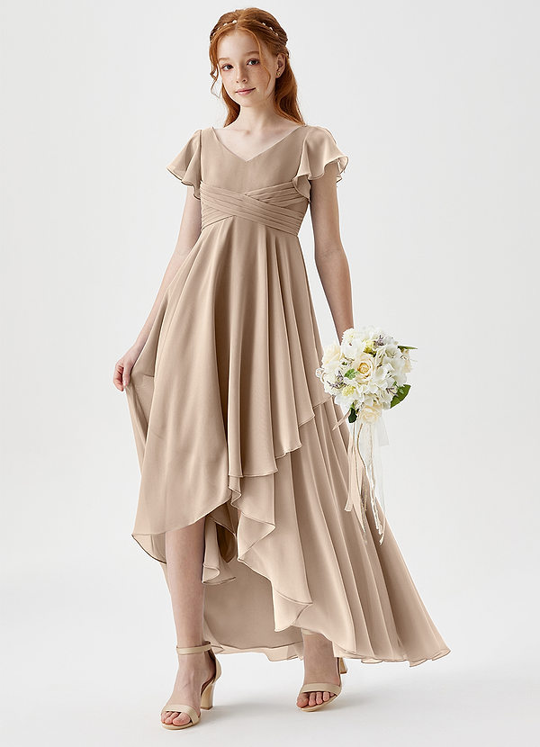 Azazie Caria Junior Robe Trapèze en Mousseline de soie Plissée Taupe image1