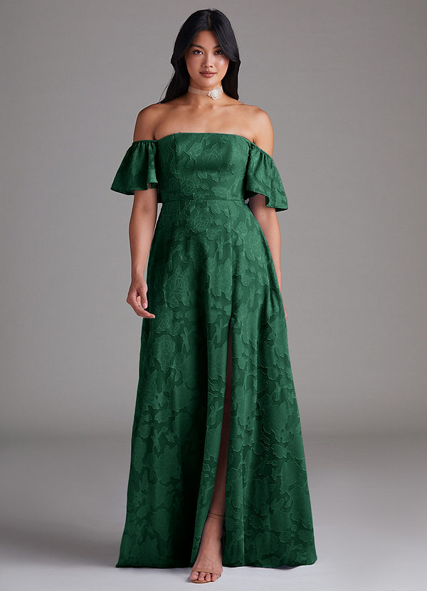 Azazie Sue Bridesmaid Dresses Dark Green A-Line Off the Shoulder Floral Burnout Convertible Dress image1