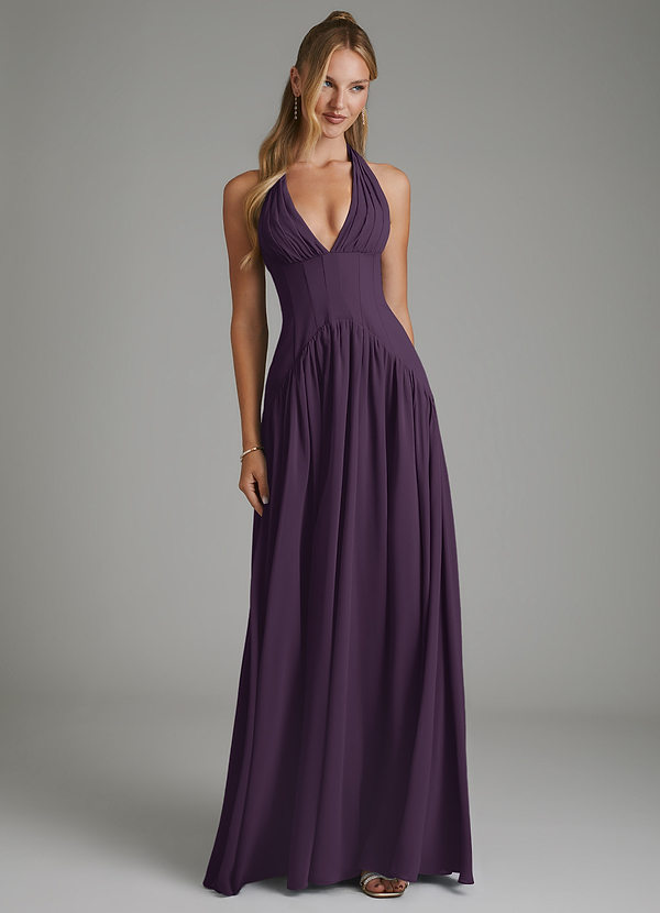 Azazie Alicia Bridesmaid Dresses Plum A-Line Pleated Chiffon Dress image1