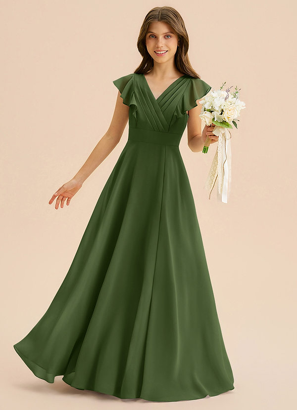 Azazie Anysa Junior Robe Trapèze en Mousseline de soie Rayé Olive image1