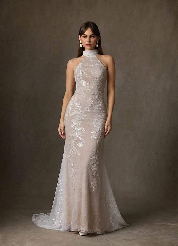 Azazie Kaiyana Brautkleider Etui Hoher Kragen Spitze Kleid Diamantweiß Nude image1