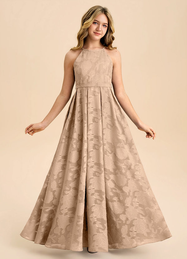 Azazie Arianthe Junior Abito A-Line in Floral Burnout Plissettato Champagne image1