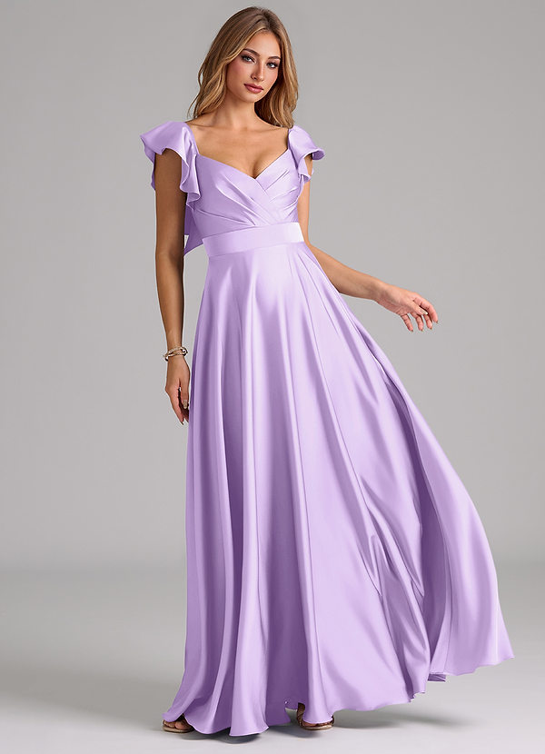 Azazie Leilani Bridesmaid Dresses Lilac A-Line Ruched Stretch Satin Dress image1