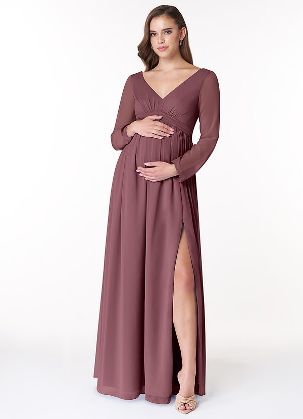 Azazie Teton Vestidos de dama de honor de maternidad Vestido de Corte En A Manga larga Hasta el suelo Gasa image1