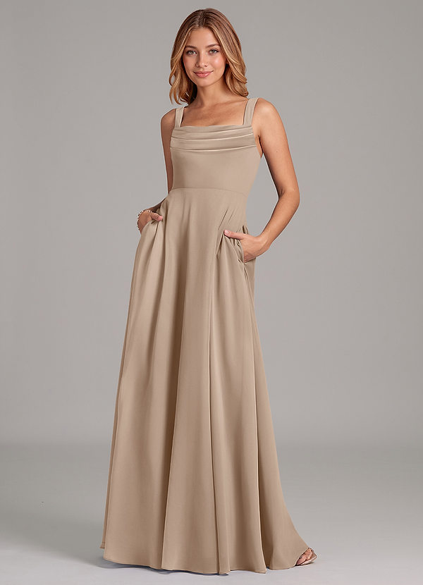 Azazie Shaude Bridesmaid Dresses Taupe A-Line Pleated Chiffon Dress image1