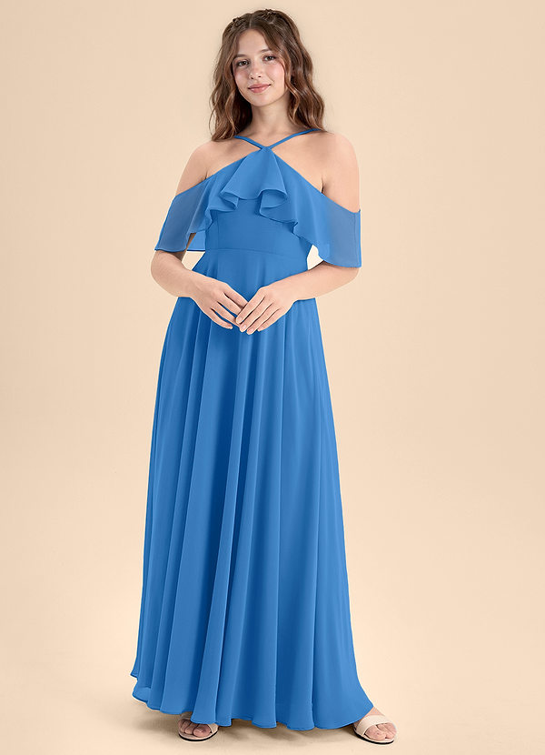 Azazie Tessabelle Junior Abito A-Line in Chiffon a Spalla Scoperta Blue Jay image1