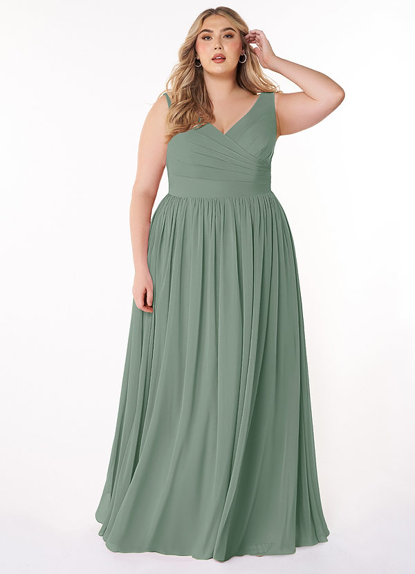 Azazie Keyla Bridesmaid Dresses Silver Sage A-Line V-Neck Pleated Chiffon Dress image1