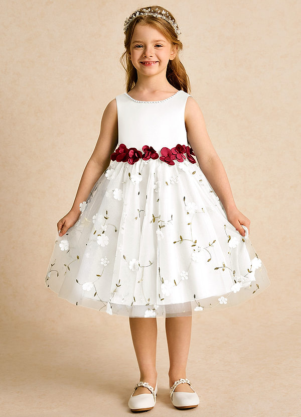 Azazie Starri Flower Girl Dresses Ivory Scarlet Ball-Gown Beaded Matte Satin Dress image1