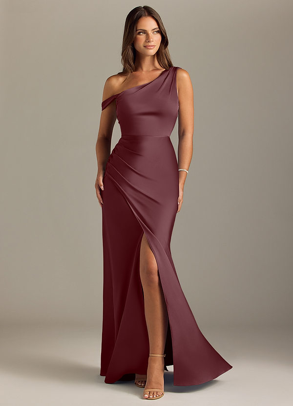 Azazie Madelyn Bridesmaid Dresses Sangria Mermaid Off the Shoulder Stretch Satin Convertible Dress image1