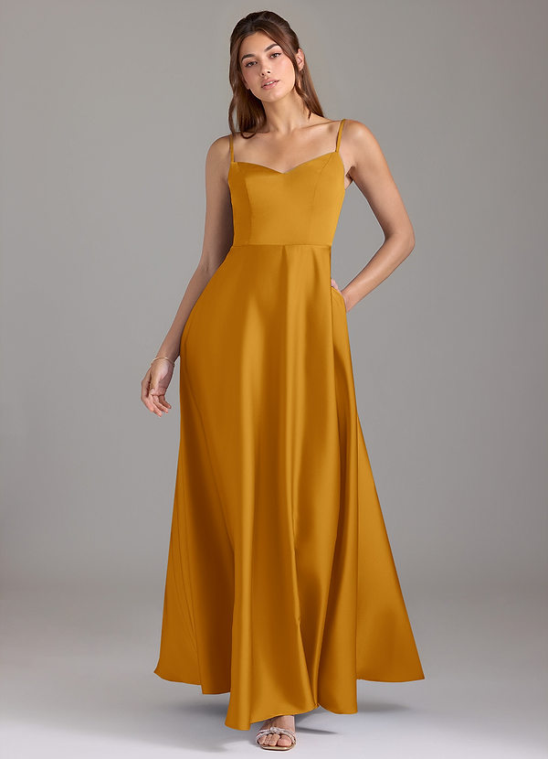 Azazie Marley Bridesmaid Dresses Butterscotch A-Line Off the Shoulder Stretch Satin Convertible Dress image1