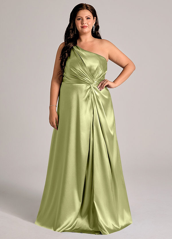 Azazie Brooke Bridesmaid Dresses Pistachio A-Line One Shoulder Metallic Satin Dress image1