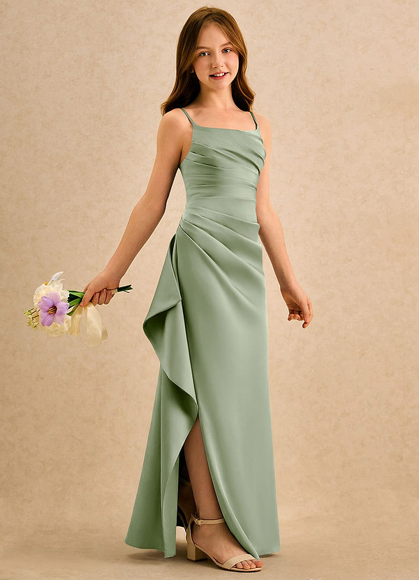 Azazie Cannoli Girls Formal Flower Girl Dresses Dusty Sage A-Line Pleated Stretch Satin Dress image1