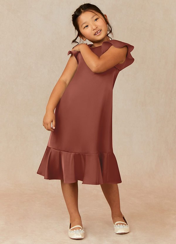 Azazie Sweet Pea Flower Girl Dresses Auburn A-Line Ruched Stretch Satin Dress image1