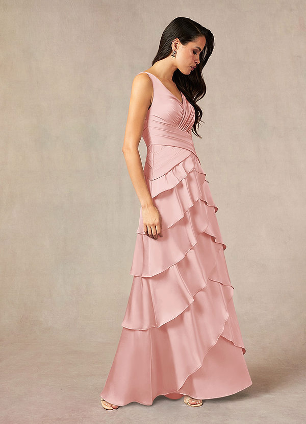 Azazie Viola Mother of the Brides Dresses Powder Pink A-Line Pleated Stretch Satin Dress image1