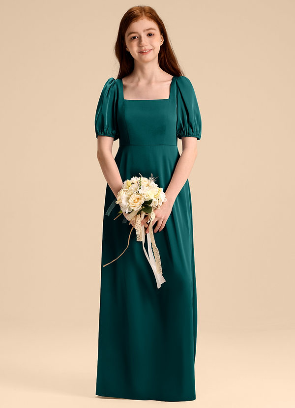 Azazie Briar Junior Abito A-Line in Raso Elasticizzato Fiocco Verde Pavone image1