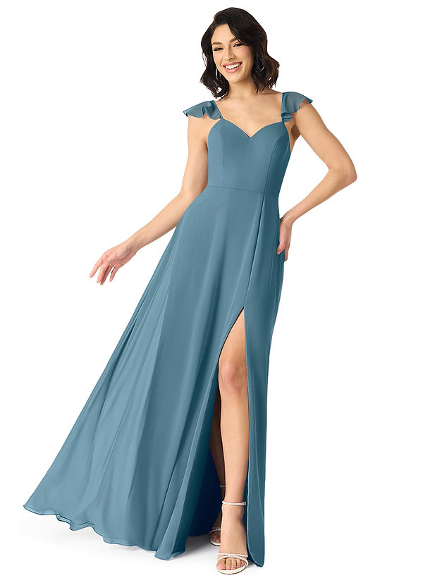 Azazie Everett Robes Demoiselle d'honneur Robe Trapèze en Mousseline de soie Col V froncé Bermude image1