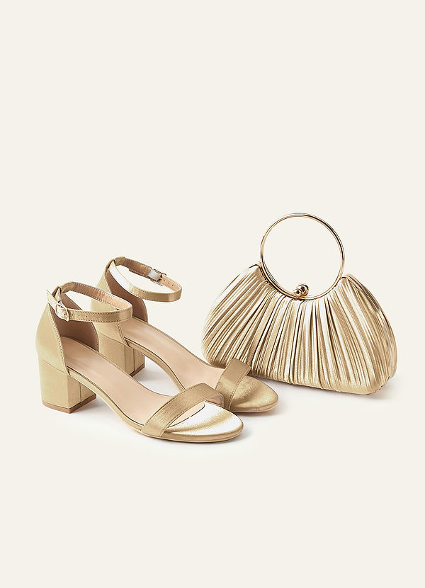 front Matching Color Metallic Satin Block Low Heel Sandals & Pleated Handbag Set