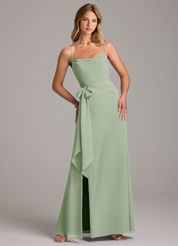 Azazie Tahlia Bridesmaid Dresses Dusty Sage A-Line with Belt Chiffon Dress image1