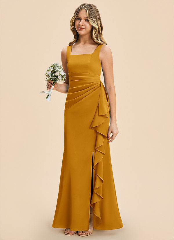 Azazie Adrienne Junior Butterscotch Sheath Pleated Stretch Satin Dress image1