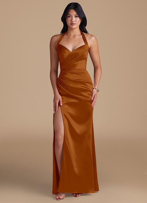 Azazie Emeria Bridesmaid Dresses Copper Sheath Side Slit Metallic Satin Dress image1